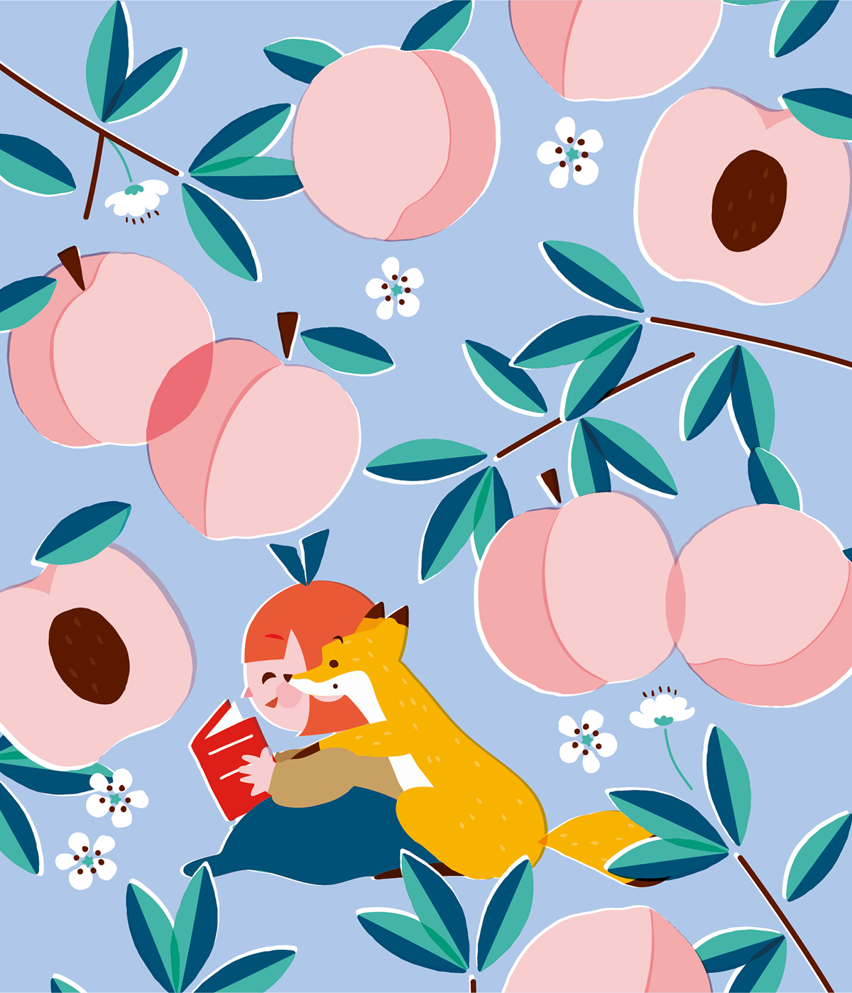 桃の木の下でキツネと読書をする女の子